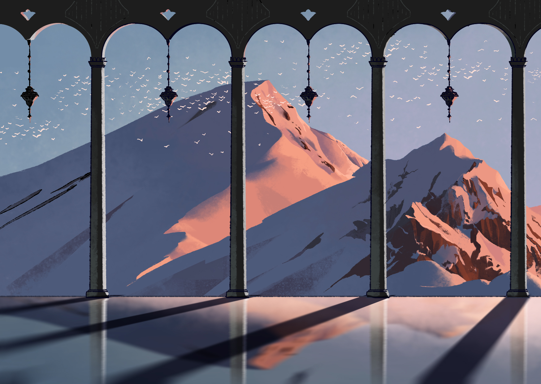 a snowy mountain range behind an archway